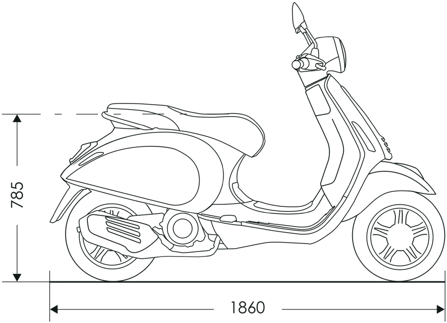 Bản vẽ kích thước Vespa Primavera: cao 785 mm, dài 1.860 mm