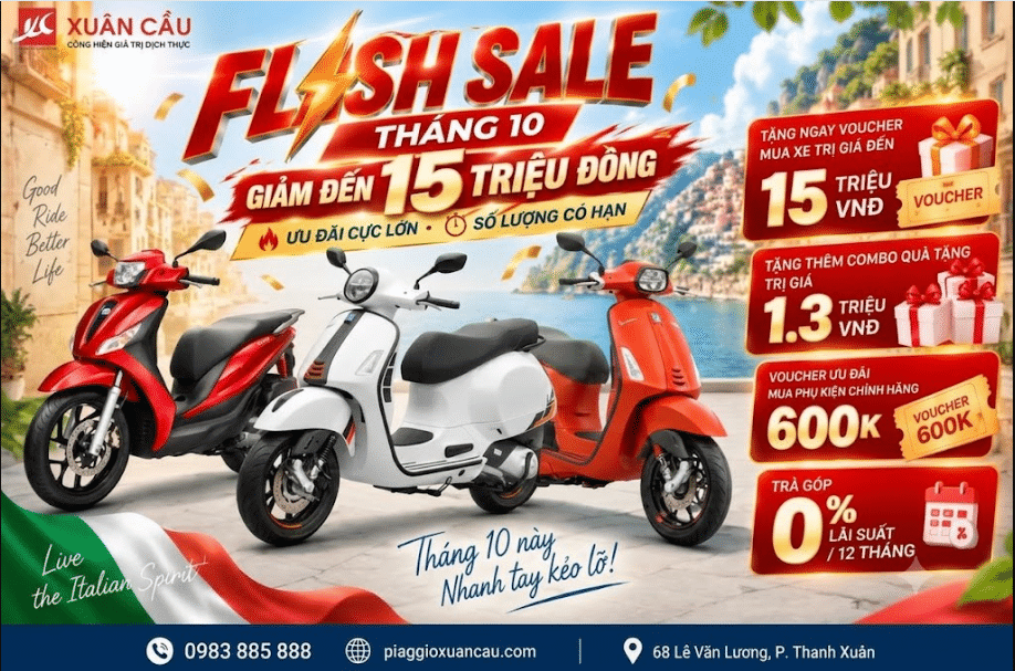 Ưu Đãi Tháng 10 Tại Piaggio Xuân Cầu: Sắm “Trang Sức Ý” – Nhận Voucher Đến 15 Triệu Đồng